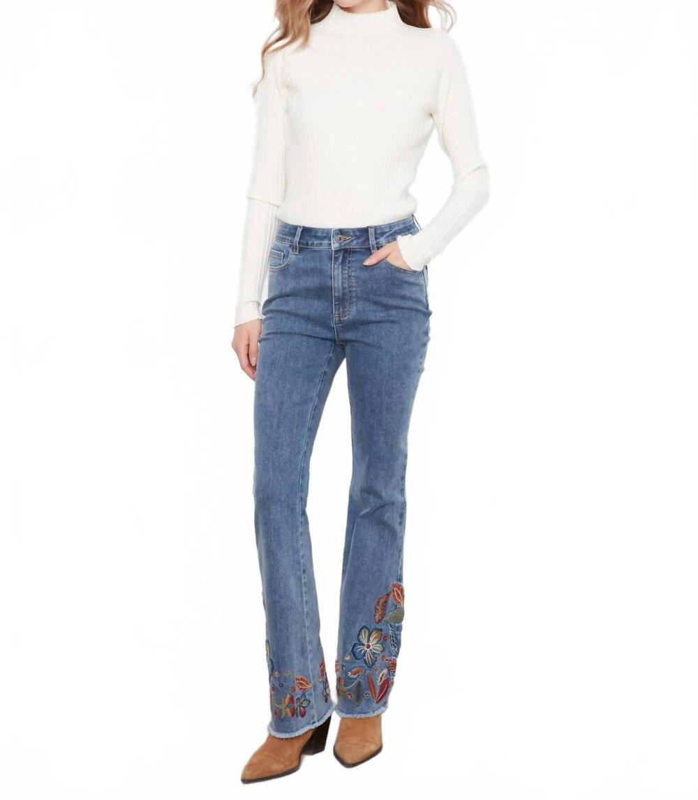 NEW CHARLIE B flare jeans with floral hem embroidery in medium denim